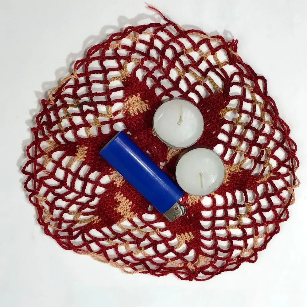 Tiny Crochet Drawstring Bag Doily Starburst Red Pouch 8.5